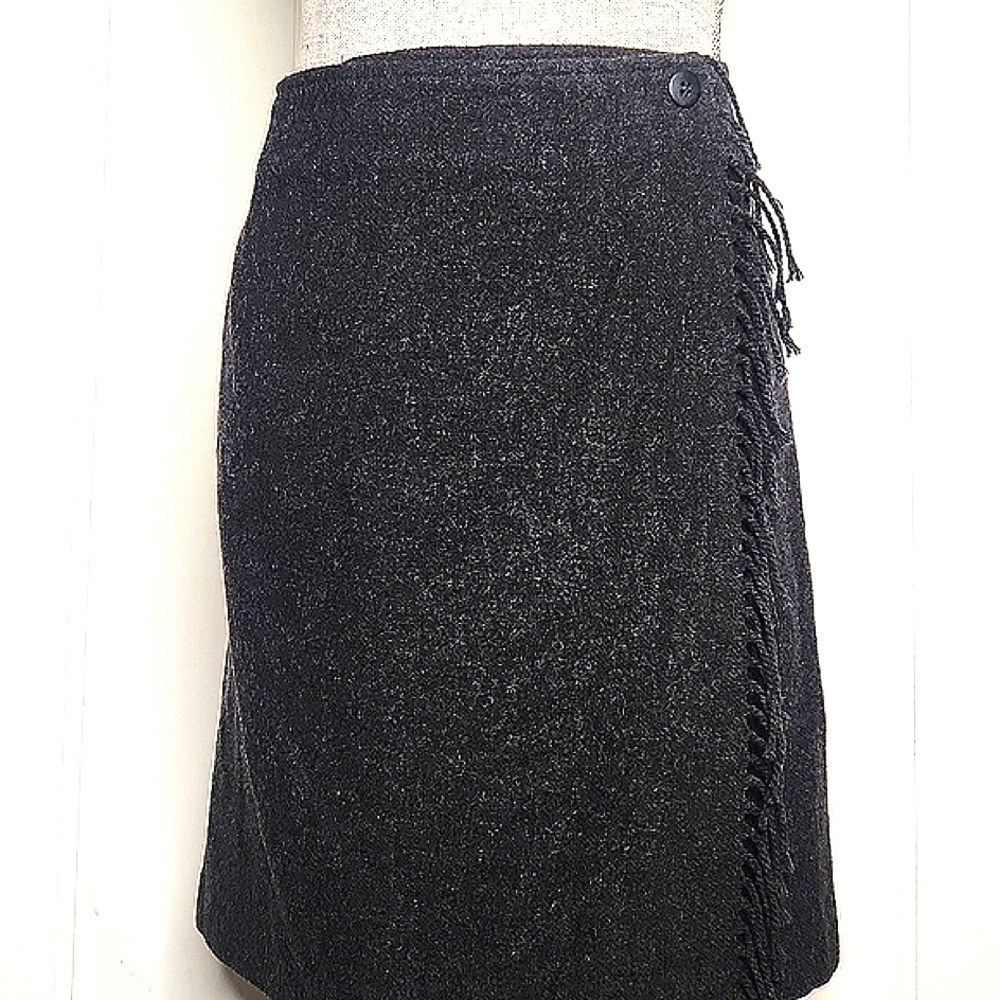 Talbots gray  wool blend Western Boho Officecore  wrap skirt with fringe